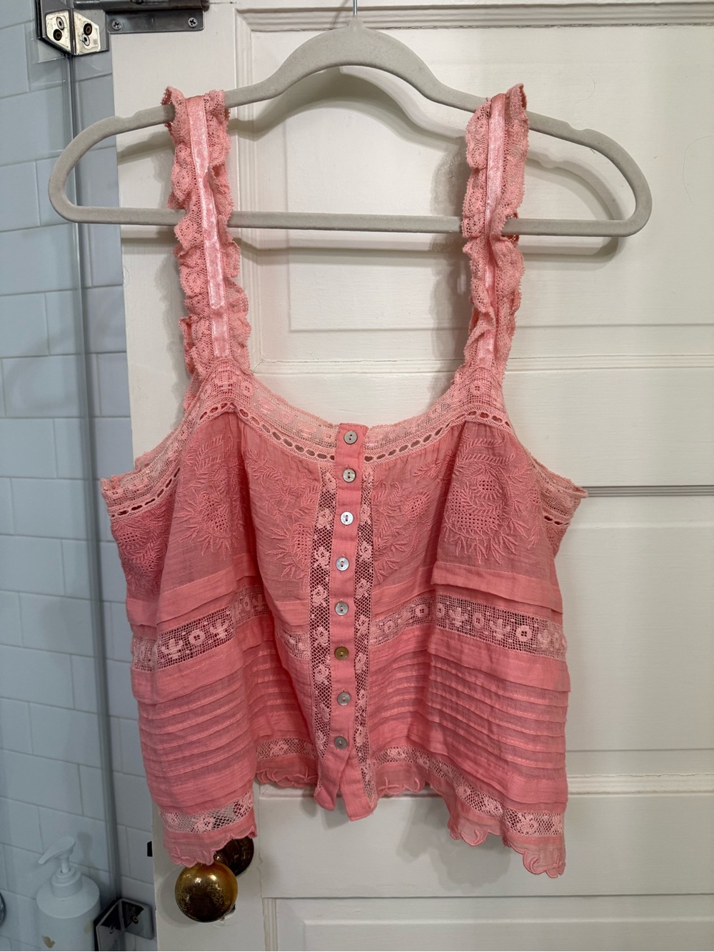 LoveShackFancy Sleeveless Pink Lace-Trim Button Front Tank Top